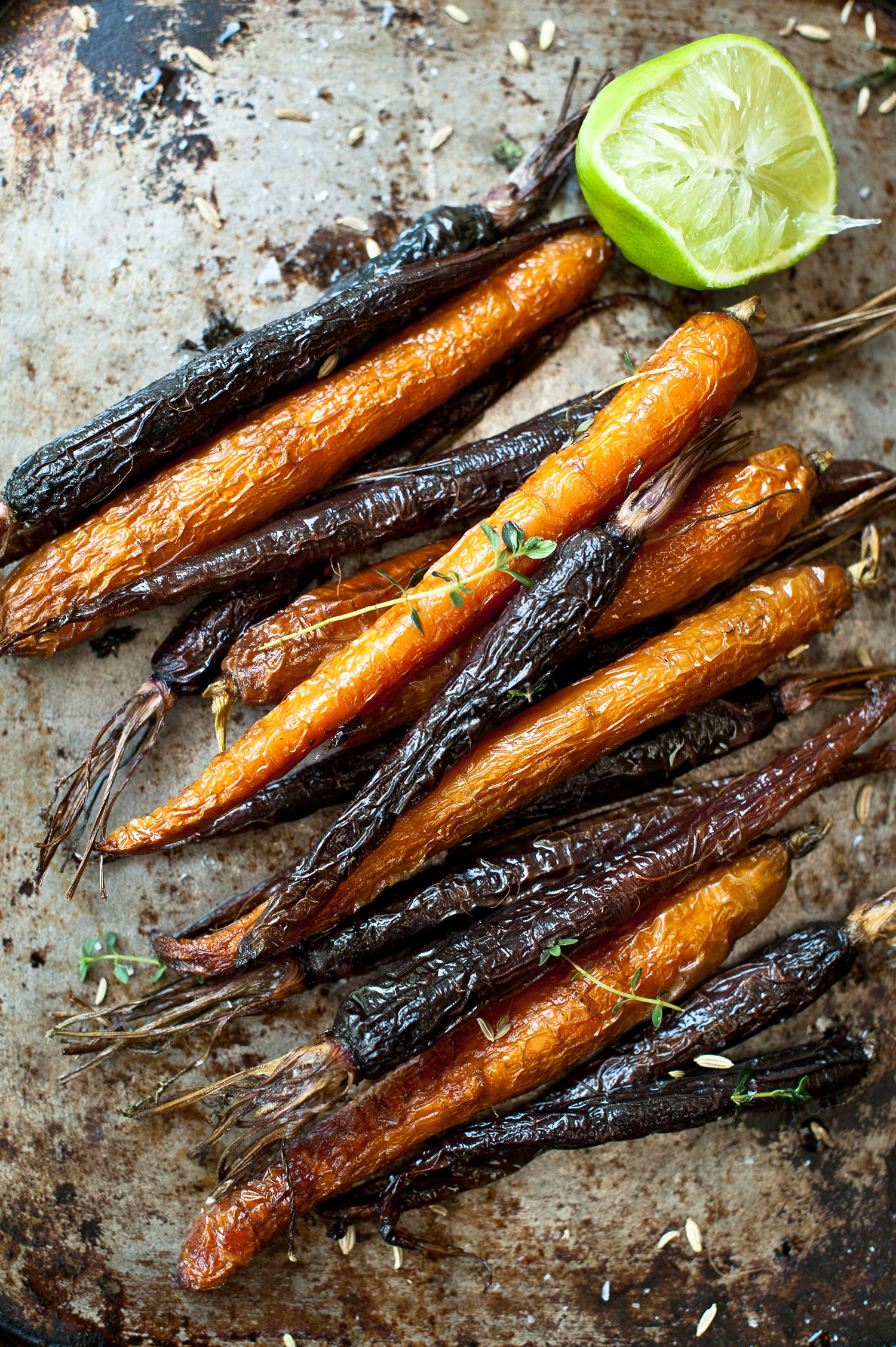 Roasted Colourful Carrots on a metal tray