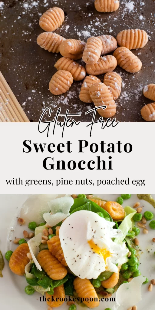 Gluten Free sweet potato gnocchi with greens pine nuts and a poached egg
