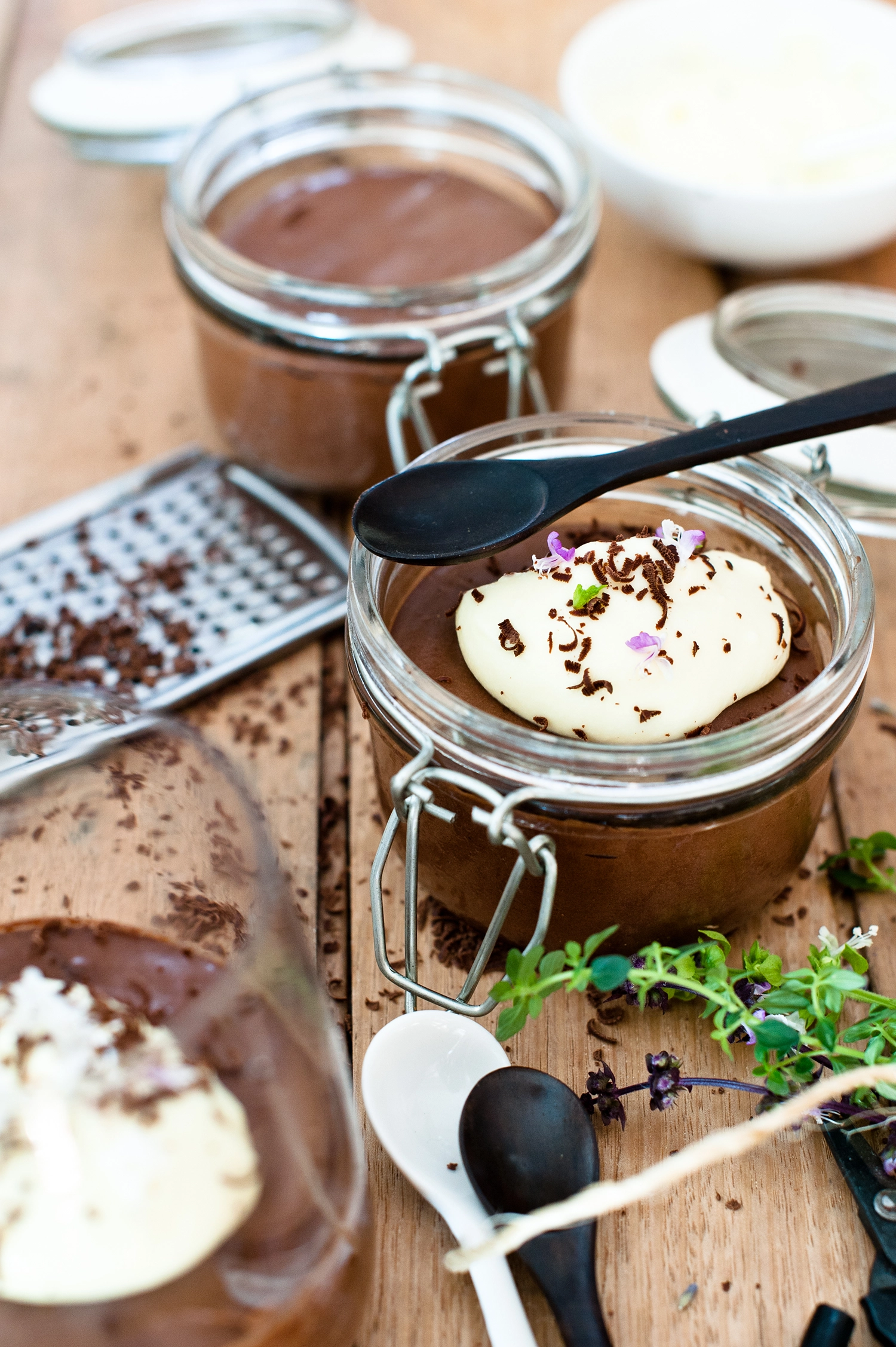 Rich chocolate Mousse in a jar with a white chocolate ganache - gluten free, creamy, rich and indulgent