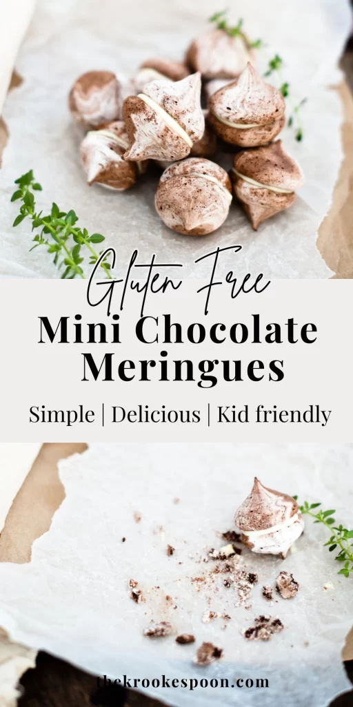 Mini Gluten free chocolate Meringue kisses stacked on partchment paper