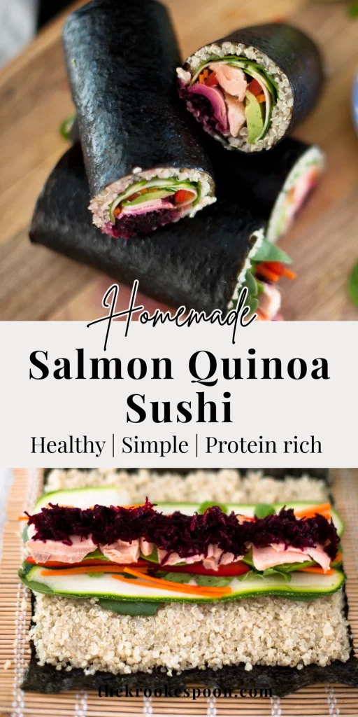 Gluten free salmon quinoa sushi rolls — colourful, nourishing, protein rich homemade maki. Easy meal prep lunch idea with Thai kombucha dipping sauce.