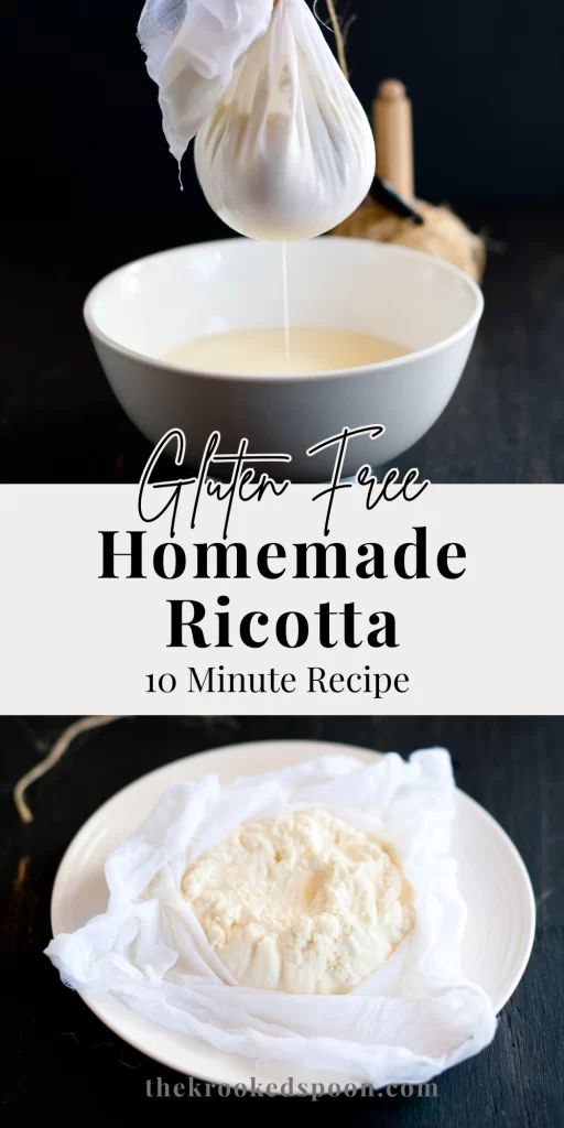 hanging homemade ricotta, creamy, gluten free, 10 minute recipe. Pinterest Pin