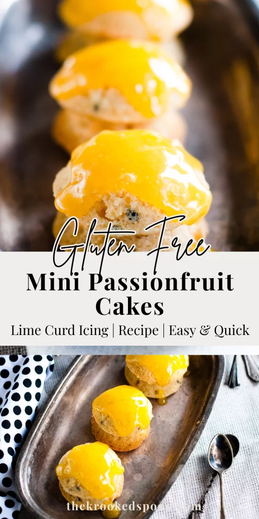 Mini Passionfruit Cakes with Lime Curd Icing. Gluten free and delicious. Pinterest pin