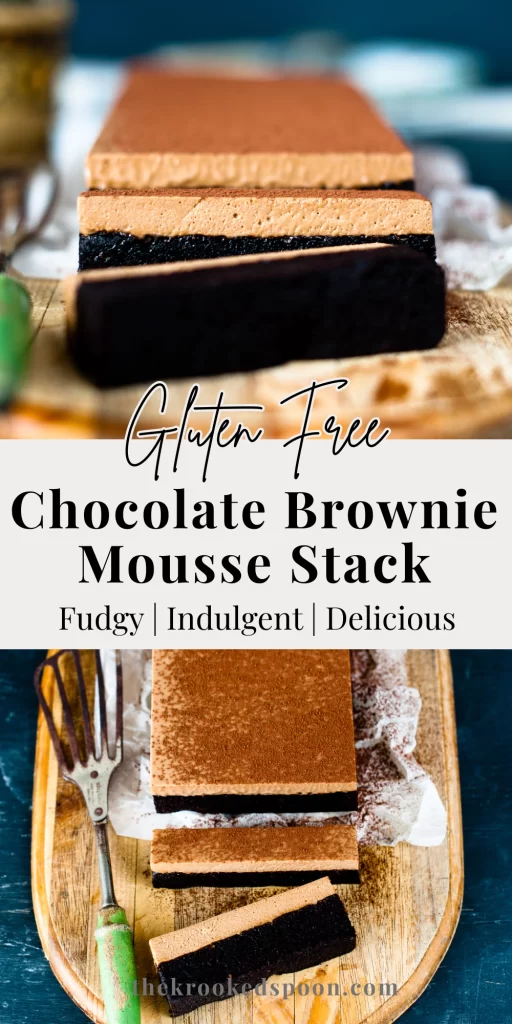 A rich gluten free chocolate brownie cake layered with smooth chocolate mousse and dusted with cocoa powder; a decadent gluten free dessert perfect for celebrations.