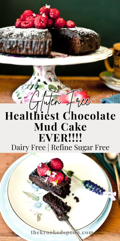 A dense, moist gluten free and dairy free chocolate mud cake made with kombucha, sliced to show its rich fudgy crumb; dark chocolate cake topped simply and perfect for allergy-friendly baking.