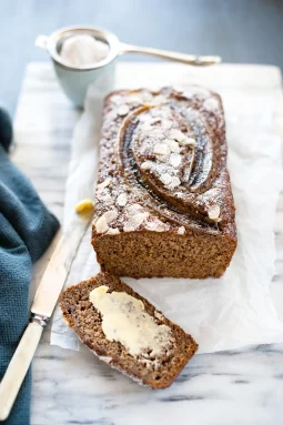 A moist, nutty Banana, Linseed & Chia Bread packed with caramelised banana flavour. Gluten-free, wholesome, freezer-friendly and perfect toasted with butter.
