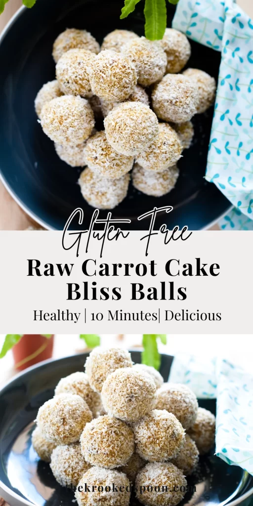 pinterest pin - Raw Carrot Cake Bliss Balls made with dates, carrots, cashews and orange zest. Vegan, no-bake, naturally sweet and ready in 10 minutes