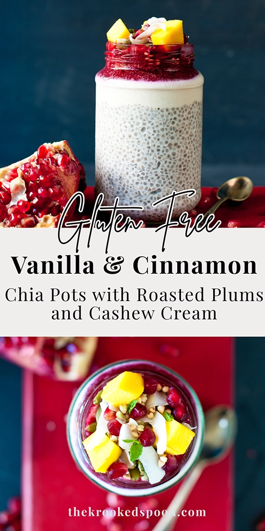 Creamy vanilla cinnamon chia pudding layered with coconut cashew cream, roasted plums, mango and pomegranate. A healthy gluten-free, dairy-free vegan breakfast perfect for meal prep.