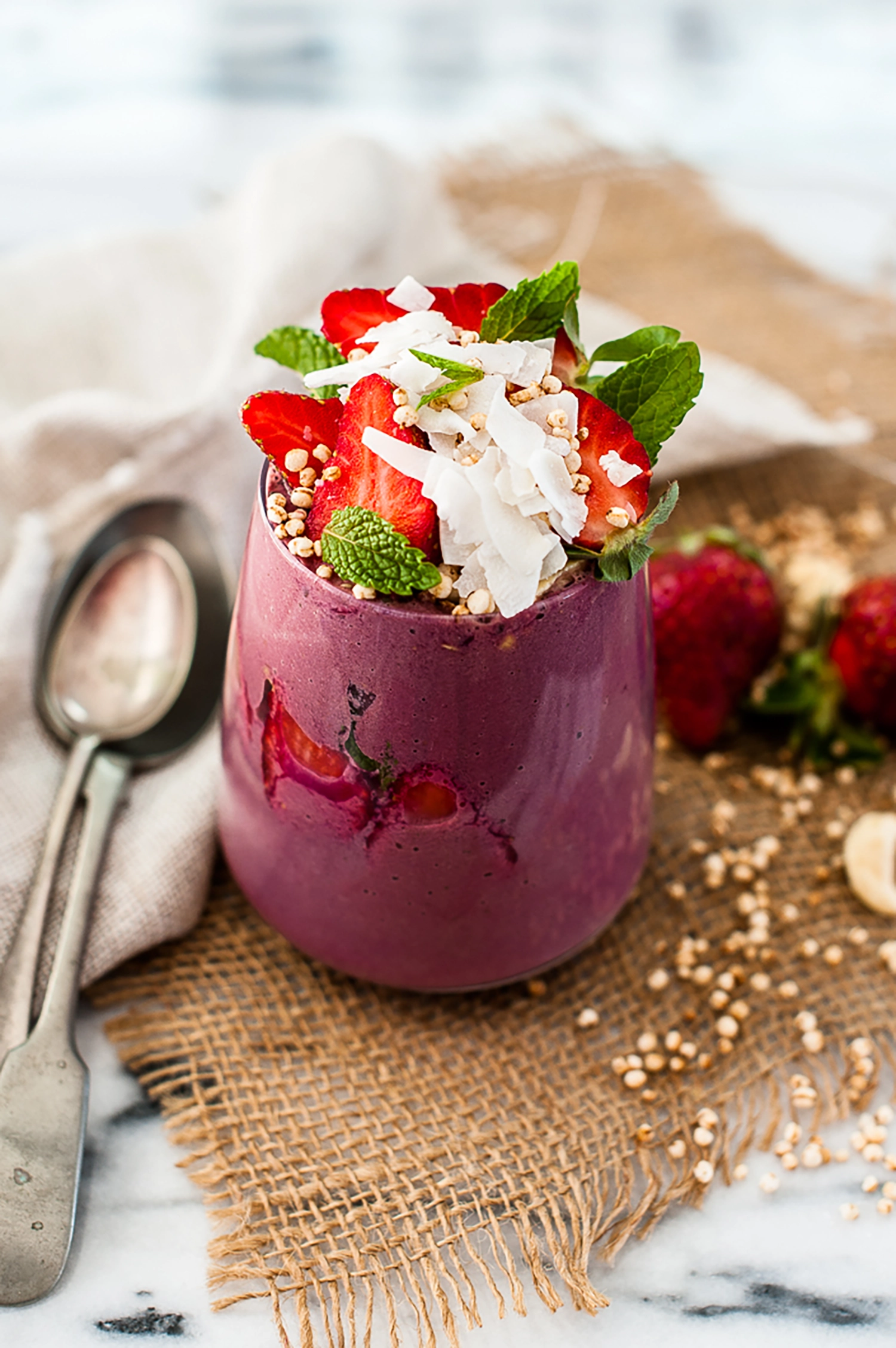 Fresh summer smoothie made with purple carrot, strawberry, watermelon and lime. Naturally sweet, vibrant and nourishing — perfect as a drink, bowl or ice pop.