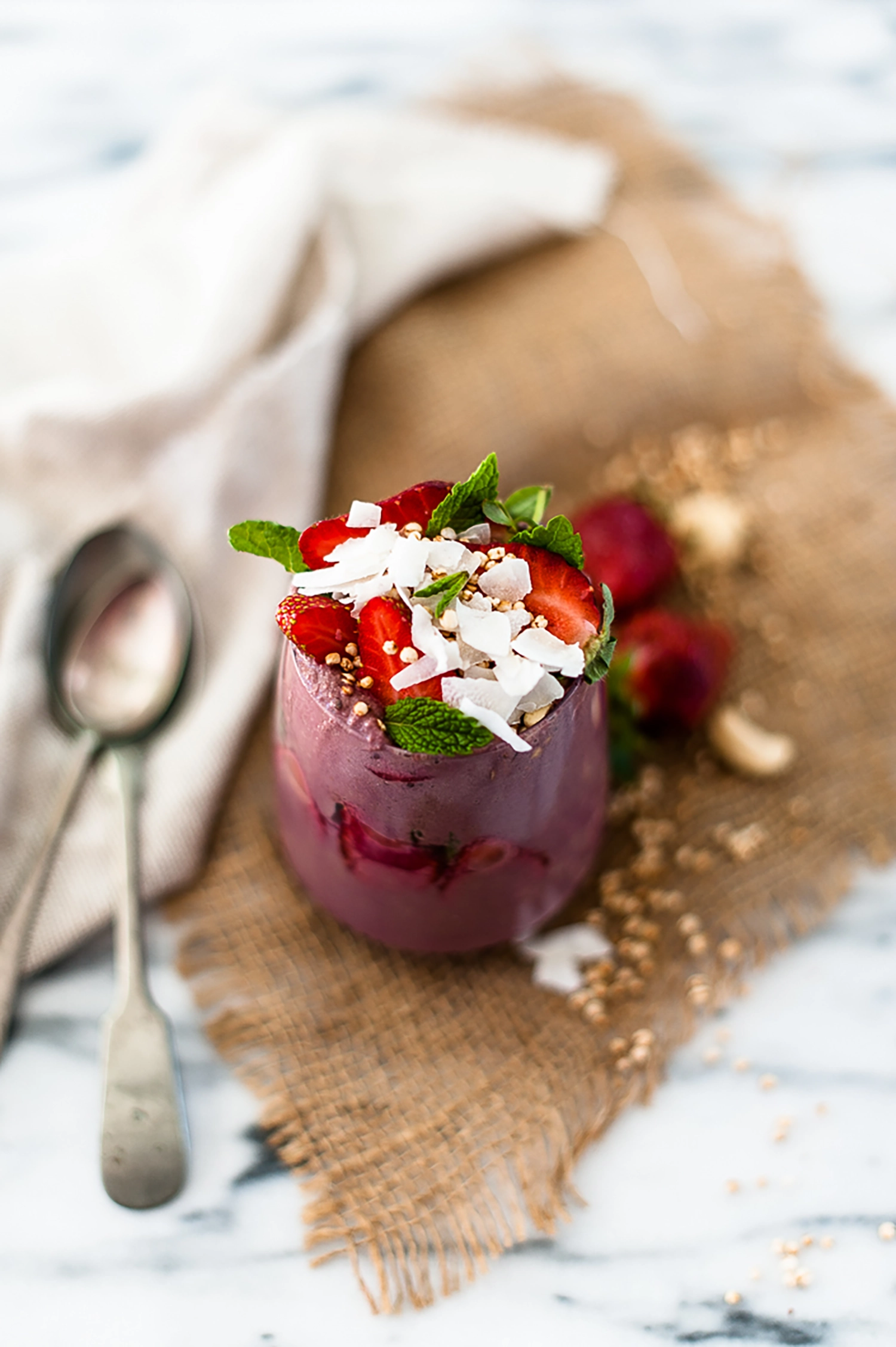 Fresh summer smoothie made with purple carrot, strawberry, watermelon and lime. Naturally sweet, vibrant and nourishing — perfect as a drink, bowl or ice pop.