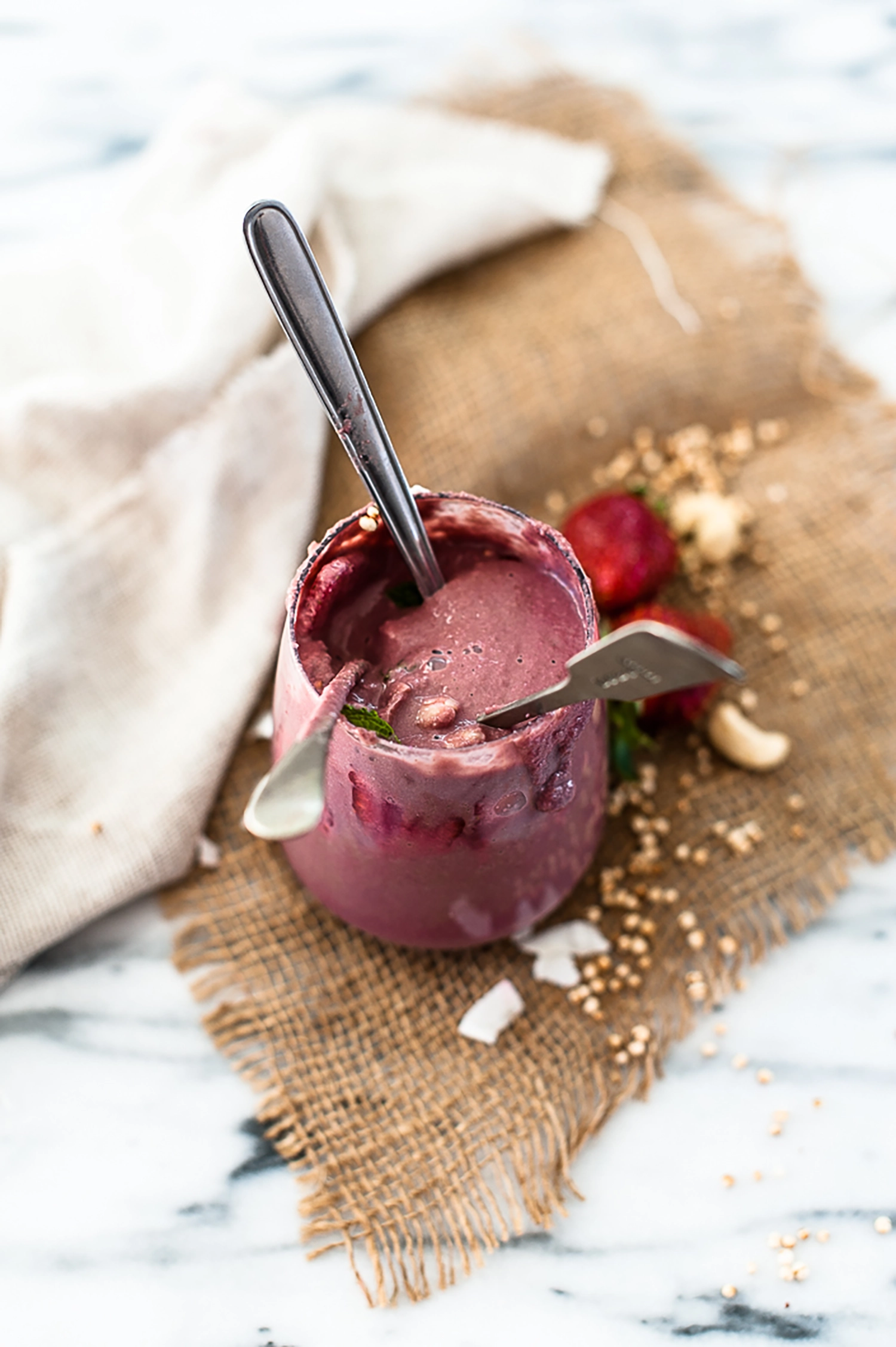 Fresh summer smoothie made with purple carrot, strawberry, watermelon and lime. Naturally sweet, vibrant and nourishing — perfect as a drink, bowl or ice pop.