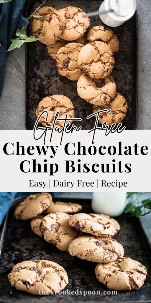 Chewy gluten free chocolate chip biscuits that are dairy free, nut free and perfectly soft with rich dark chocolate chunks.
