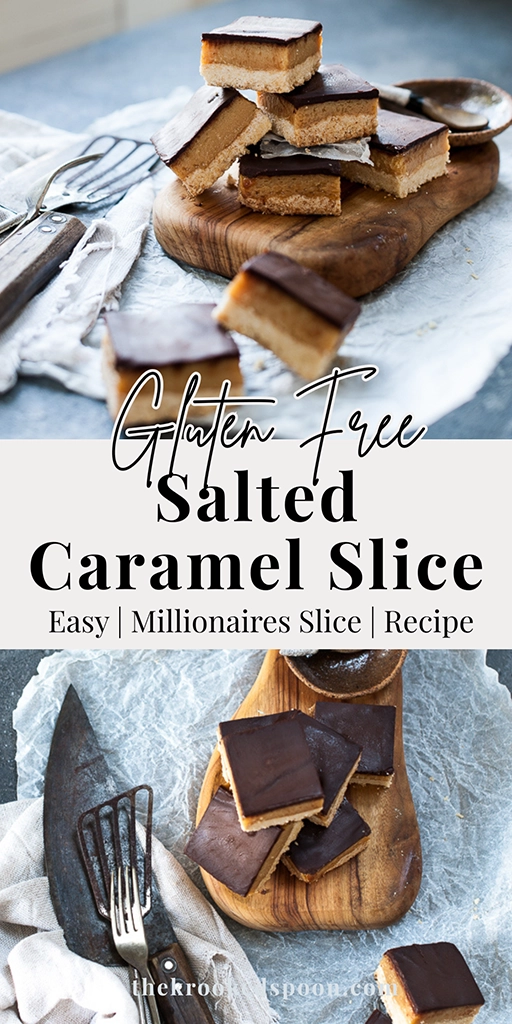 Gluten free salted caramel slice with buttery coconut base, thick caramel filling and smooth dark chocolate topping. The perfect sweet and salty treat for afternoon tea.
