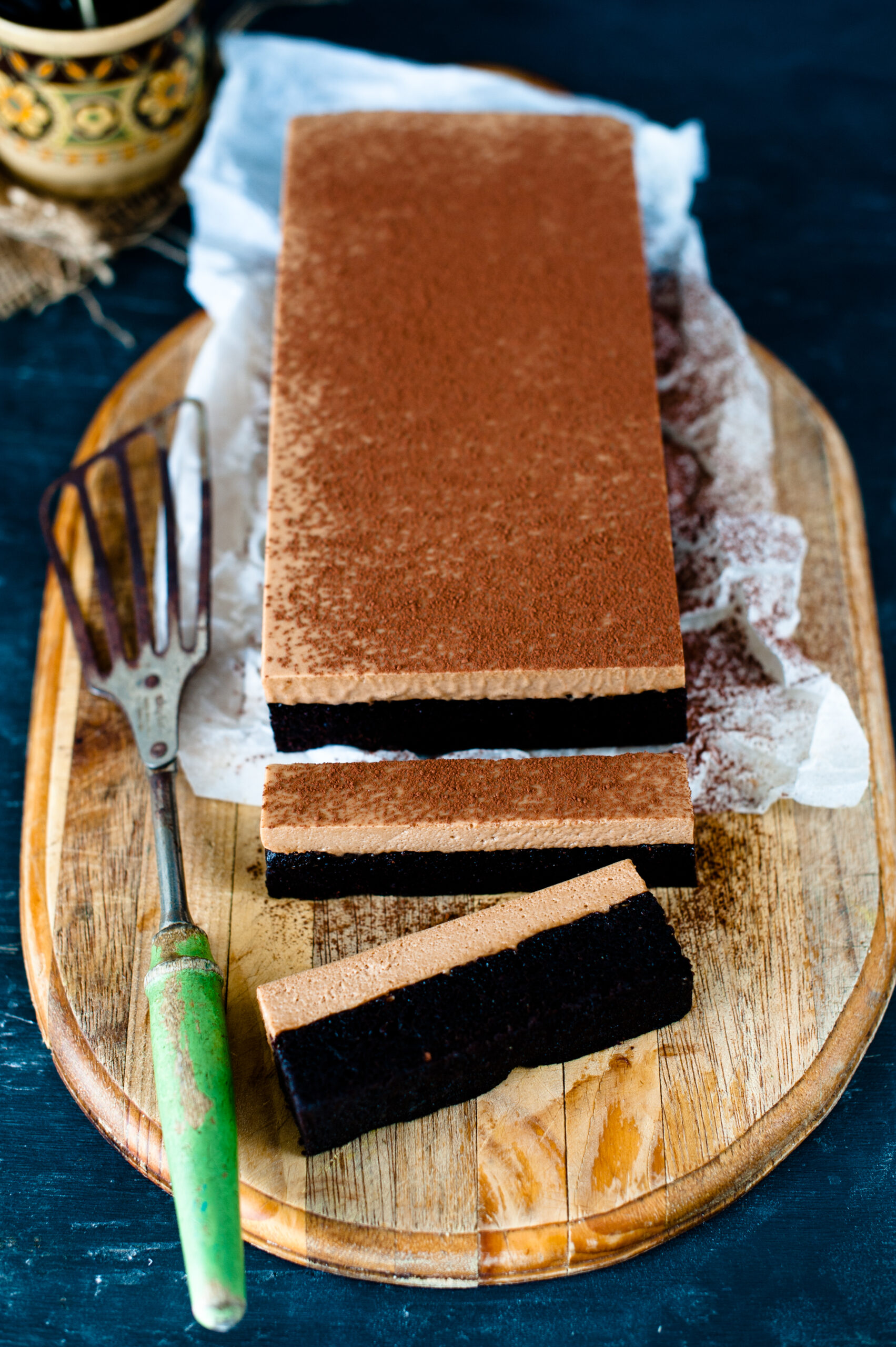 Brownie base with a chocolate mousse topping. Fudgy, dense and delicious