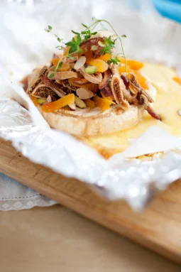 Cider baked brie with middle eastern fruit crumble -oozey gooey delicious
