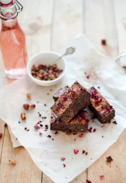 Delicate, flourless hazelnut brownies infused with rosewater and dark chocolate — rich, nutty, and naturally gluten-free. A beautiful, elegant sweet treat.