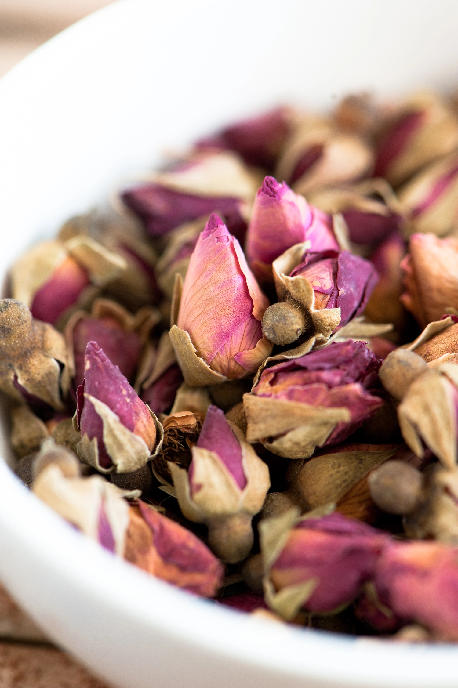 Bowl of rose buds for gluten free hazelnut and rose dark chocolate brownies