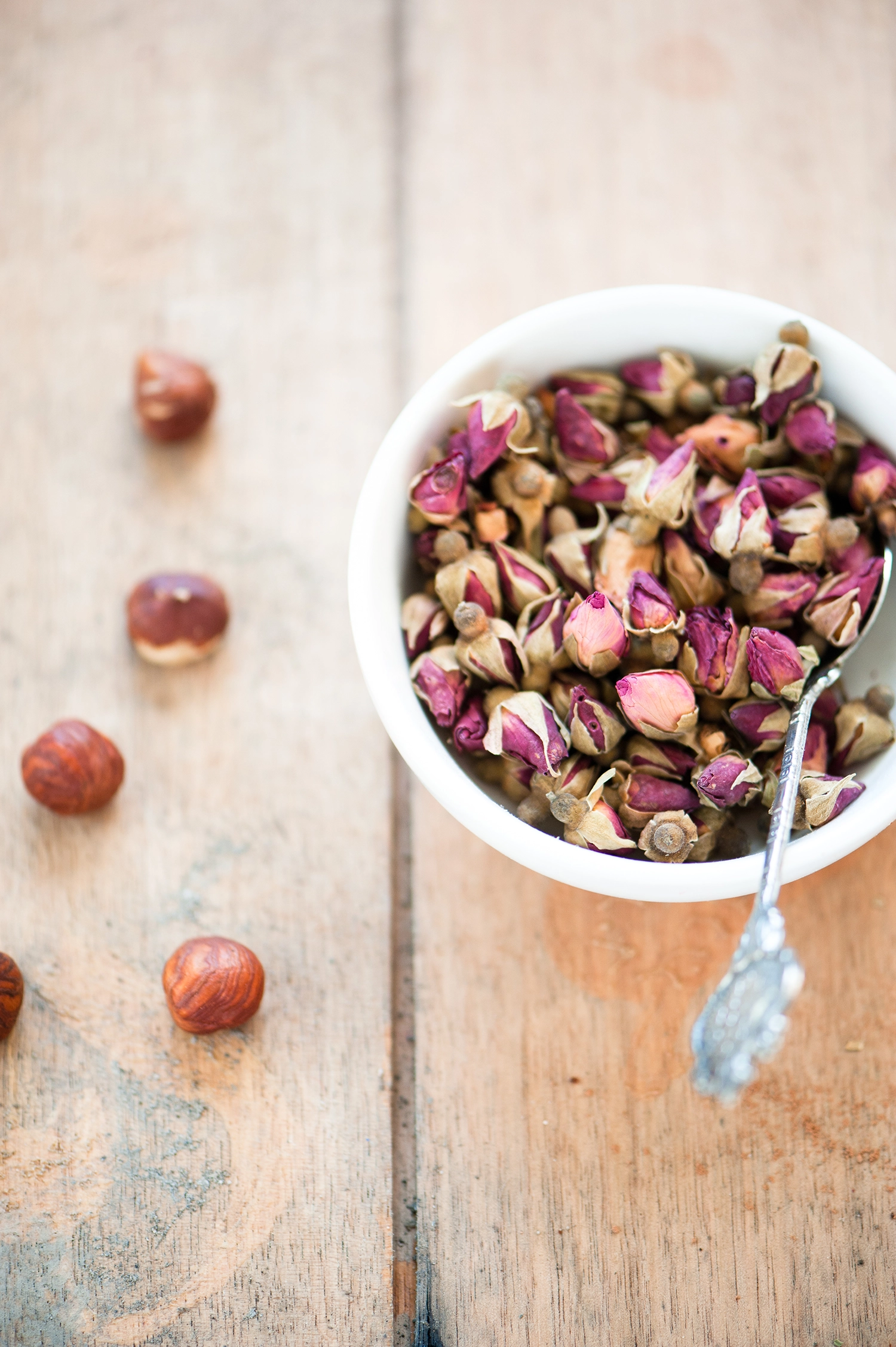 Bowl of rose buds for gluten free hazelnut and rose dark chocolate brownies