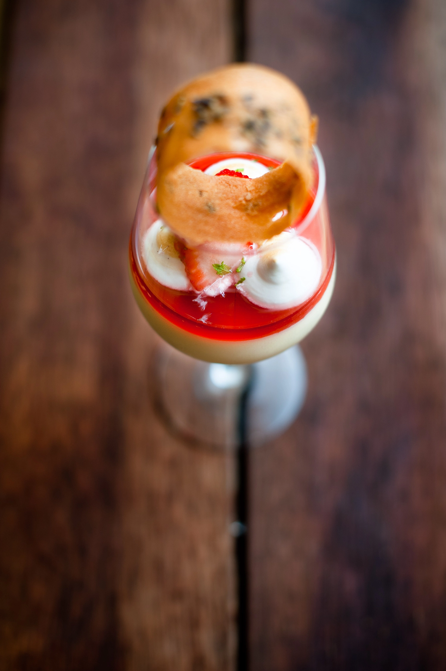 Elegant vanilla pannacotta with rosé gelée, strawberry anise syrup, lavender tuile and toasted lemon marshmallow. A stunning make-ahead dessert perfect for entertaining.