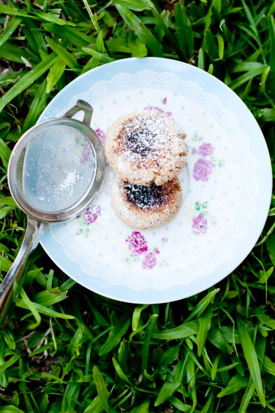 Rustic Hazelnut Jam drop thumbprint cookie biscuits. Naturally gluten free.