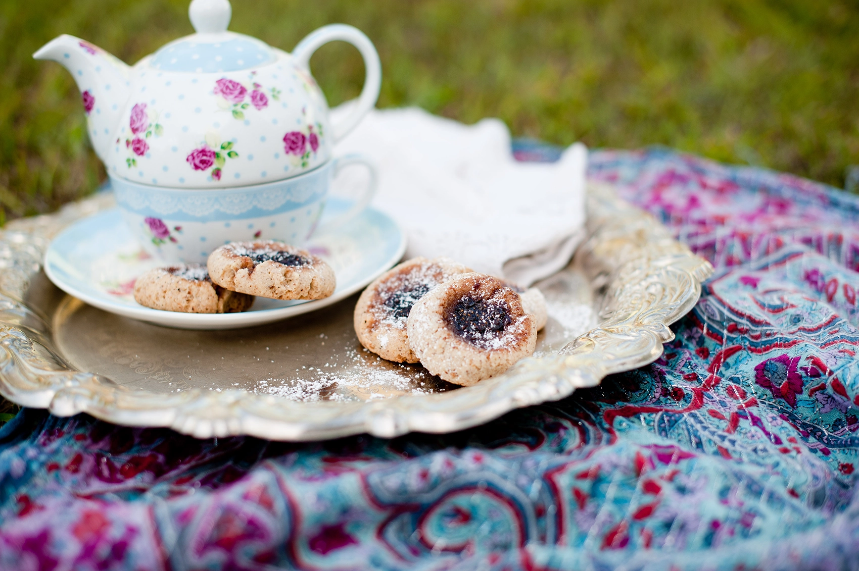 vintage tea set with Rustic Hazelnut Jam drop thumbprint cookie biscuits. Naturally gluten free.