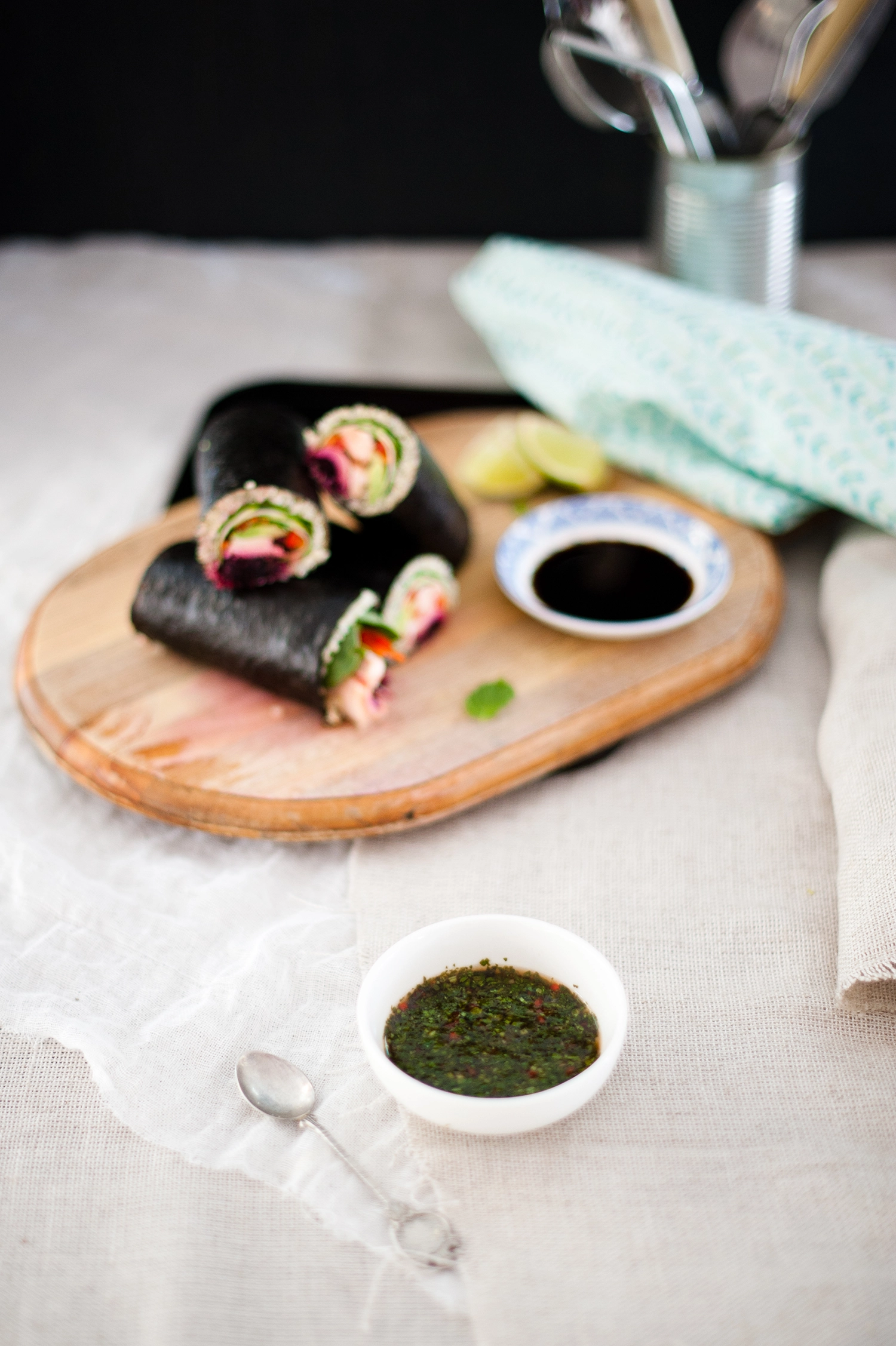 salmon quinoa sushi with thai kombucha sauce. gluten free
