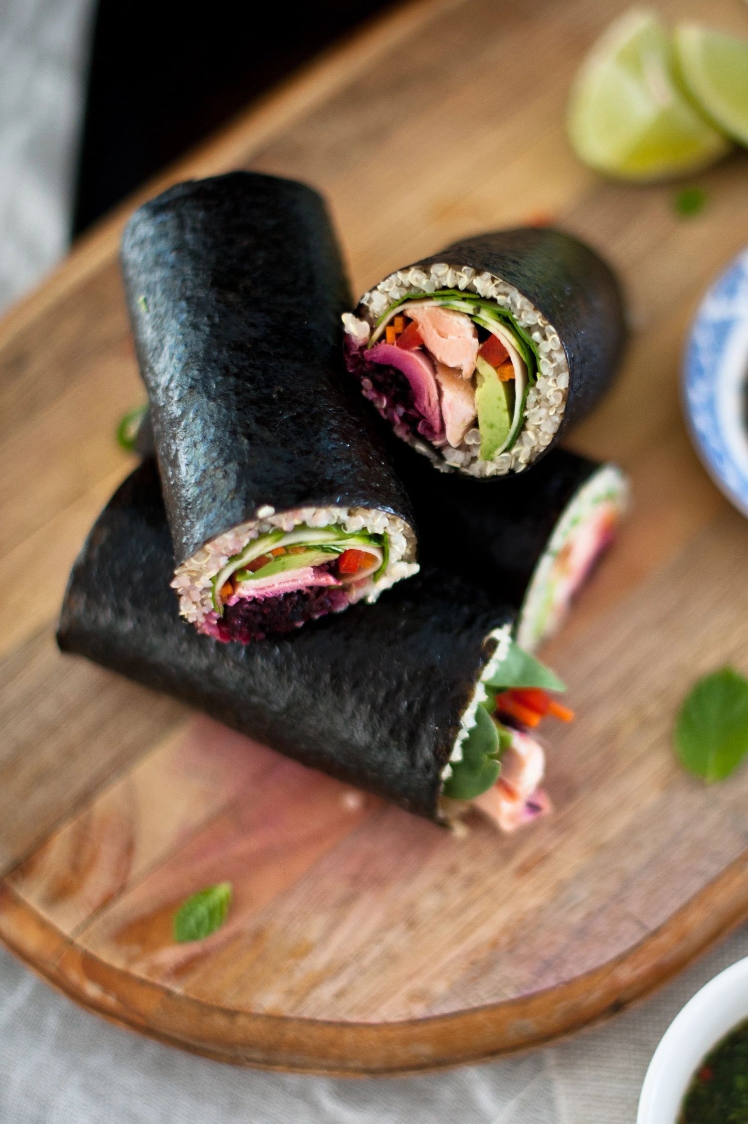 salmon quinoa sushi with thai kombucha sauce. gluten free