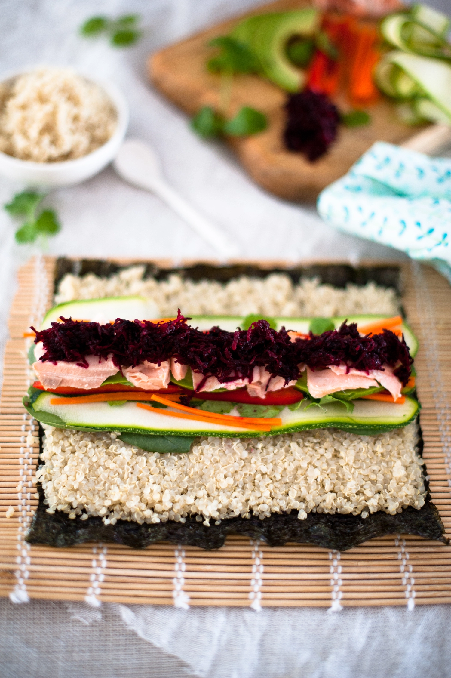 salmon quinoa sushi with thai kombucha sauce. gluten free